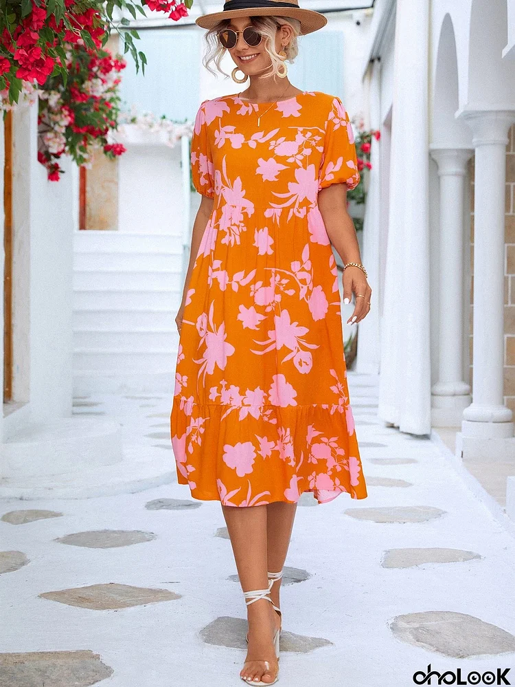 Floral Puff Sleeve Ruffle Hem Midi Dress