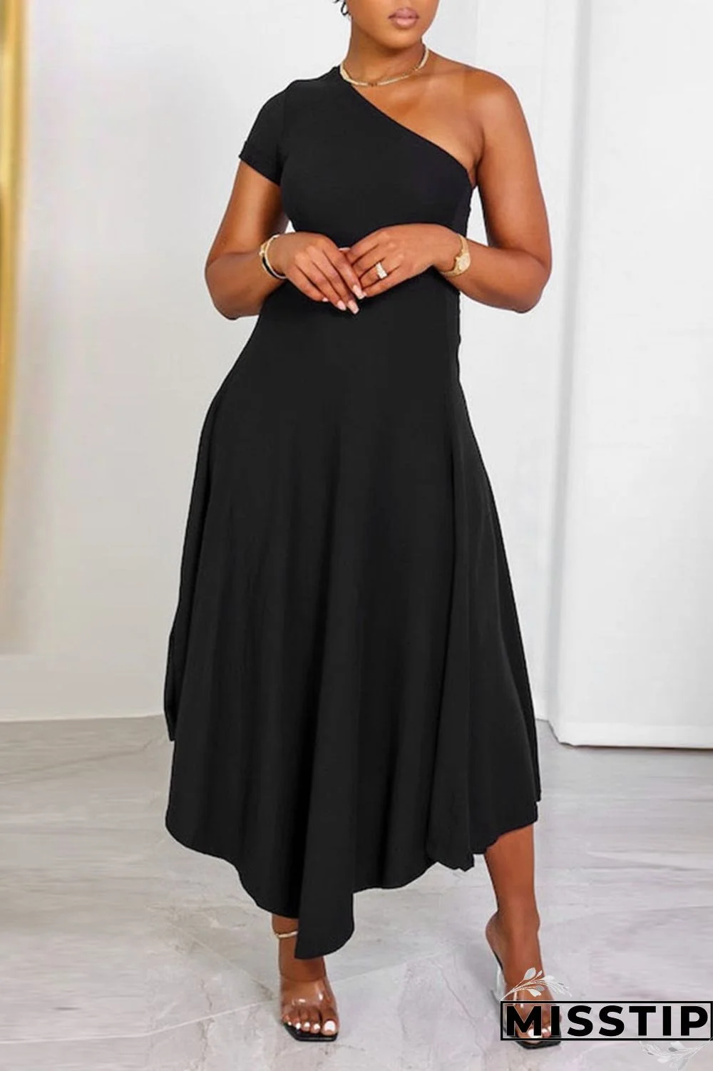 Khaki Casual Solid Patchwork Oblique Collar A Line Dresses