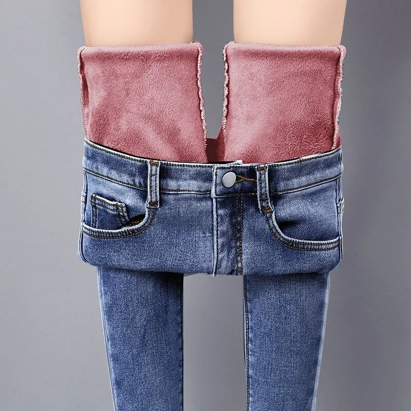 Warm Jeans Pants For Women Plus Size Winter Blue Light blue Solid Skinny Fleeces Thick Pencil Pants with Velvet Denim Trousers