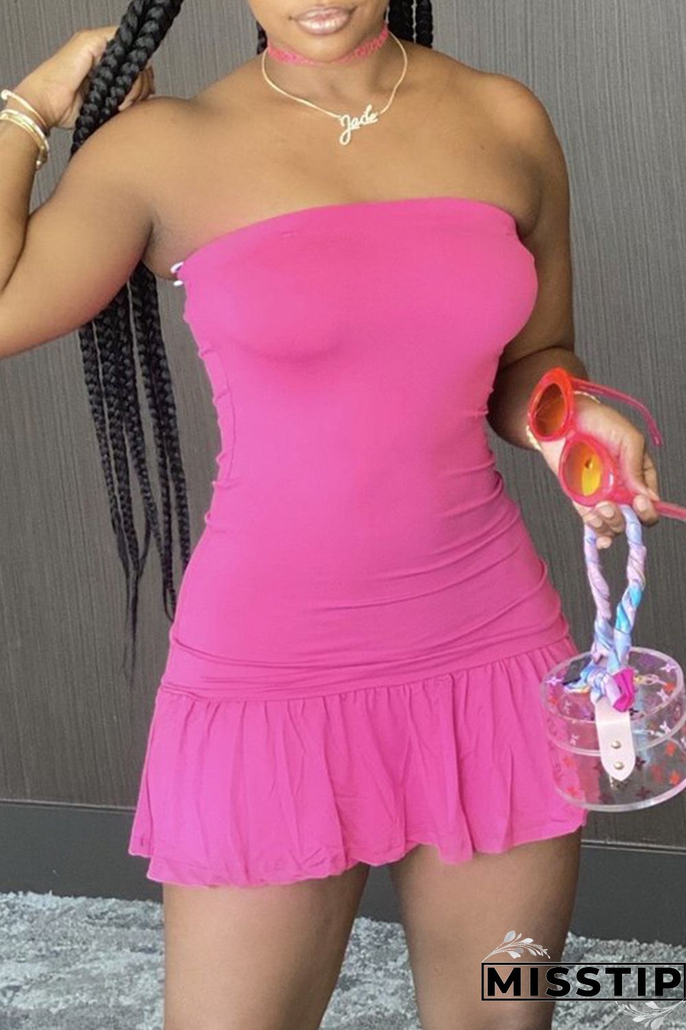 Pink Fashion Sexy Solid Backless Flounce Strapless Sleeveless Dress