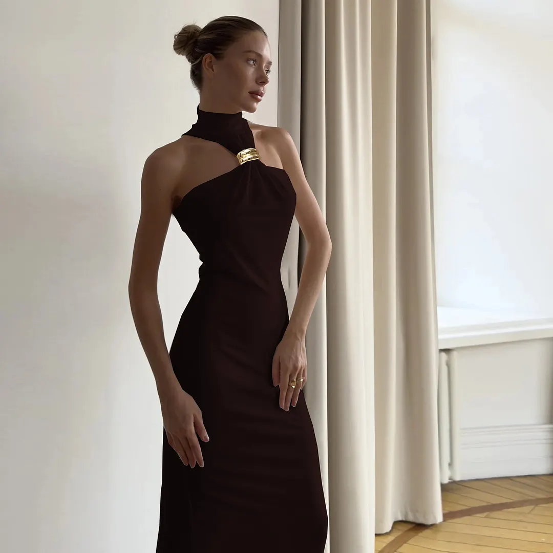 Uveng Spring-Summer Explosion Women's Metal Buckle Long Dress Dress Women