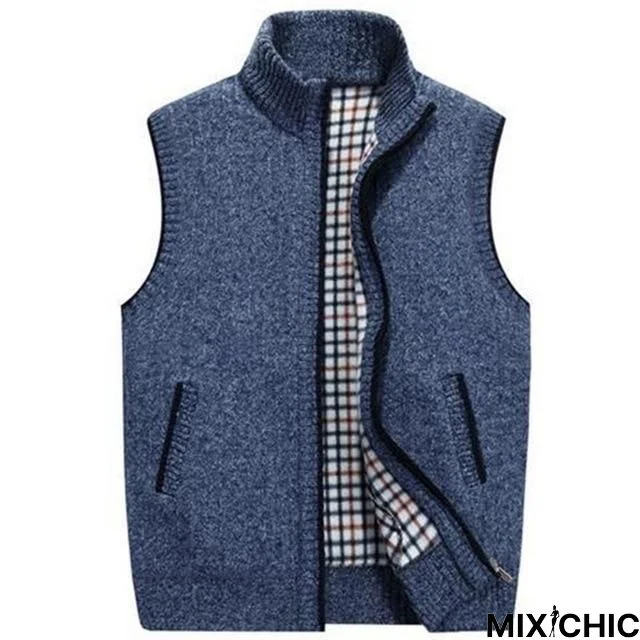 Mens Wool Sweater Vest Zipper Sleeveless Knitted Vest Jacket Warm Fleece Plus Size Sweater Coat