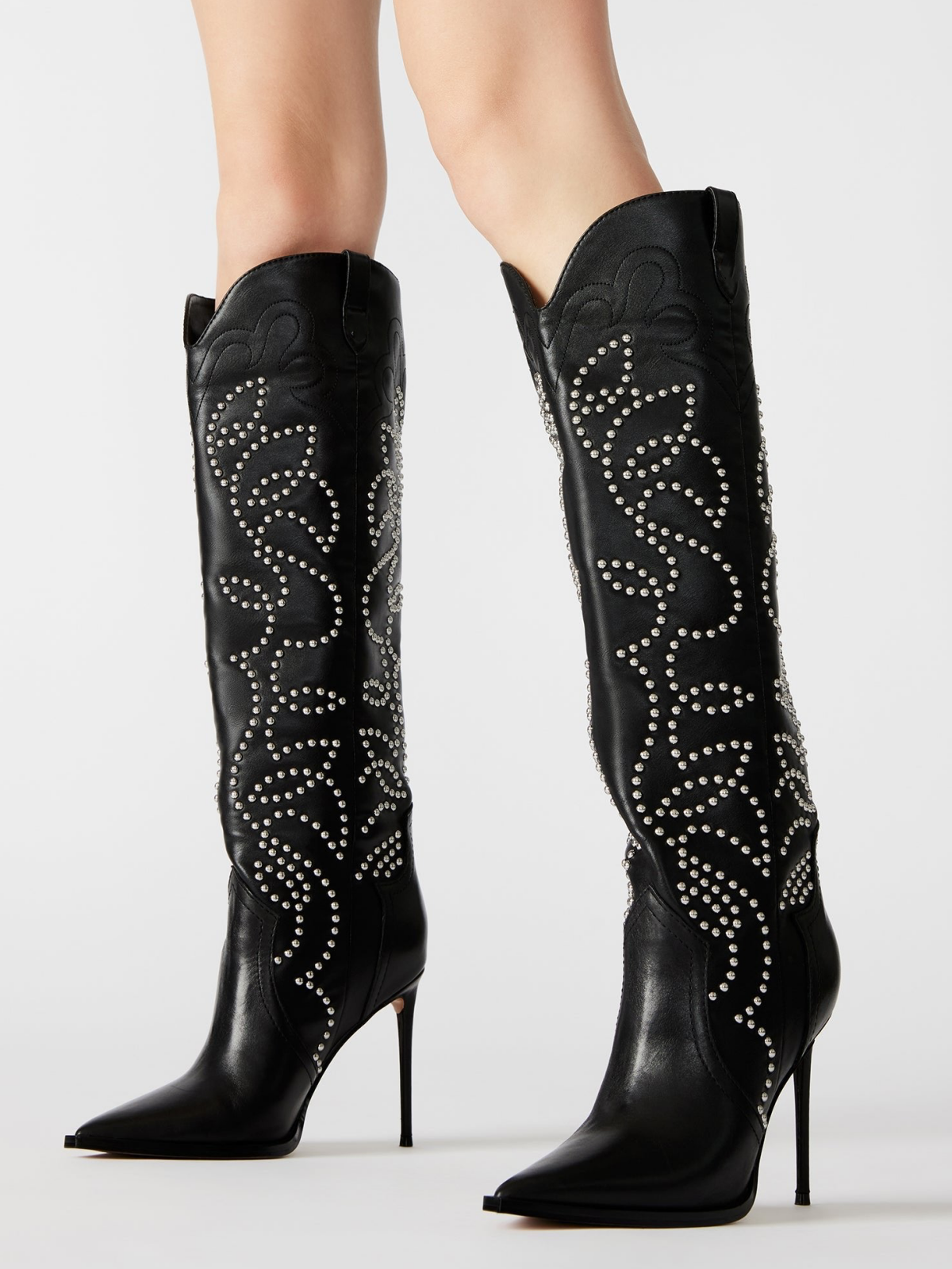 Taafo Black Vegan Leather Pointed-Toe Studded Embroidery Wide Mid Calf Stiletto Boots