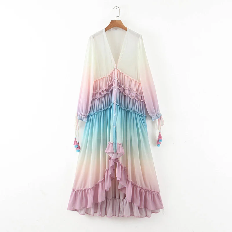 Deep V Long Sleeve Gradient Printed Dress Long Skirt