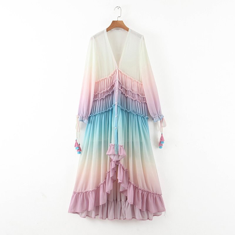 Deep V Long Sleeve Gradient Printed Dress Long Skirt