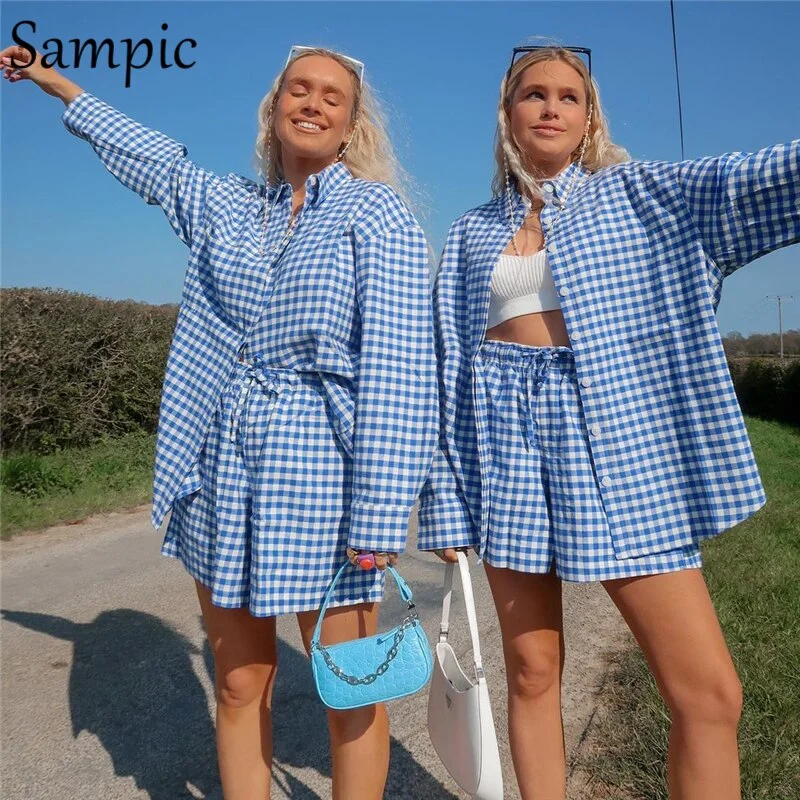 Sampic Lounge Wear Casual Women Plaid Tracksuit Summer Shorts Set Long Sleeve Shirt Tops And Mini Loose Shorts Two Piece Set