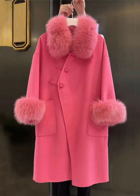 VCSHOES Rose Fur Collar Button Pockets Woolen Coat Spring