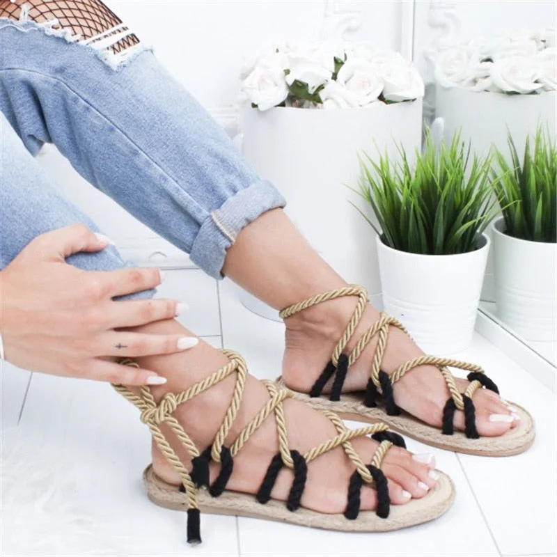 Summer Women Hemp Rope Straw Flat Sandals Peep Toe Cross Lace Up Female Platform Fashion Casual Shoes Rome Ladies Footwear