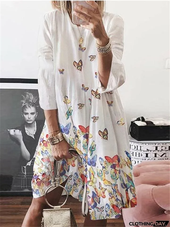 Loose Fit Butterfly Printed Round Neck Long Sleeve Midi Dress