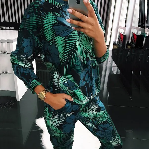 ELSVIOS Casual lady Tracksuit Autumn 2Pcs set Women Hoodies Long Pants Animal Print Homewear Casual O neck long sleeve Suit Sets