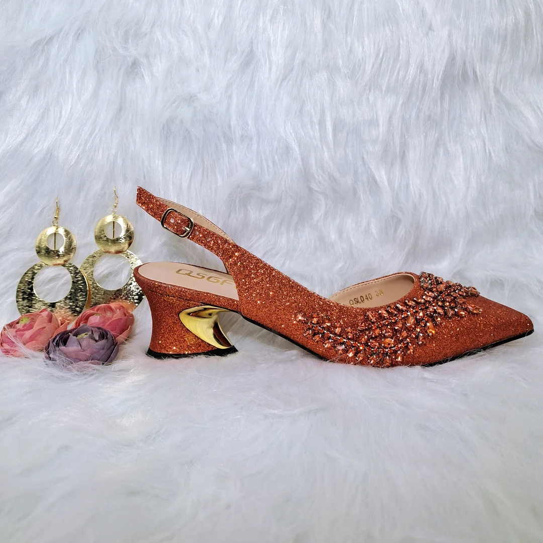 QSGFC 2022 Orange Color Shaped Mid-heel Design Shoes Popular Pointed Ladies Shoes And Bags African Wedding Party Shoes With Bag