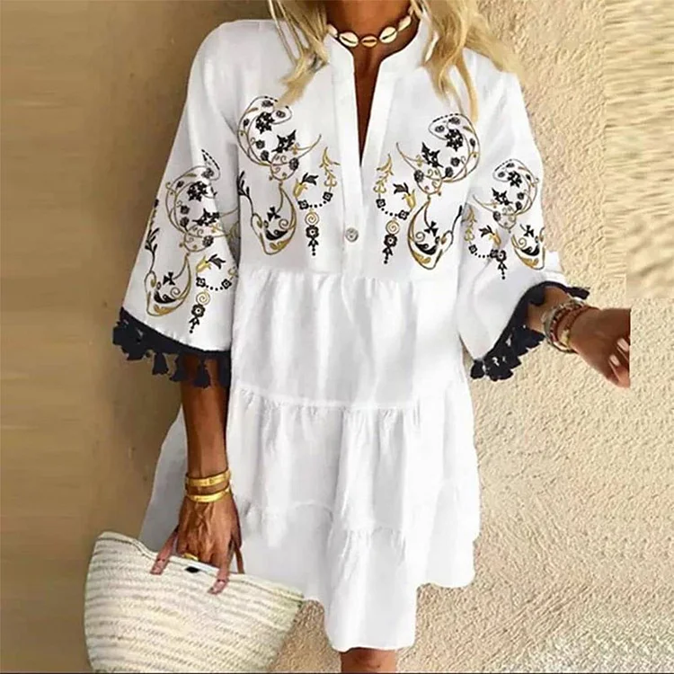Vintage Floral Print V Neck Tassel Casual Dress