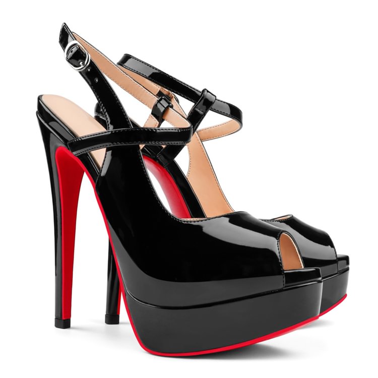 150mm Women Slingback Pumps Patent Ankle Strap Stiletto Peep Toe Dress Red Bottoms Shoes VOCOSI VOCOSI
