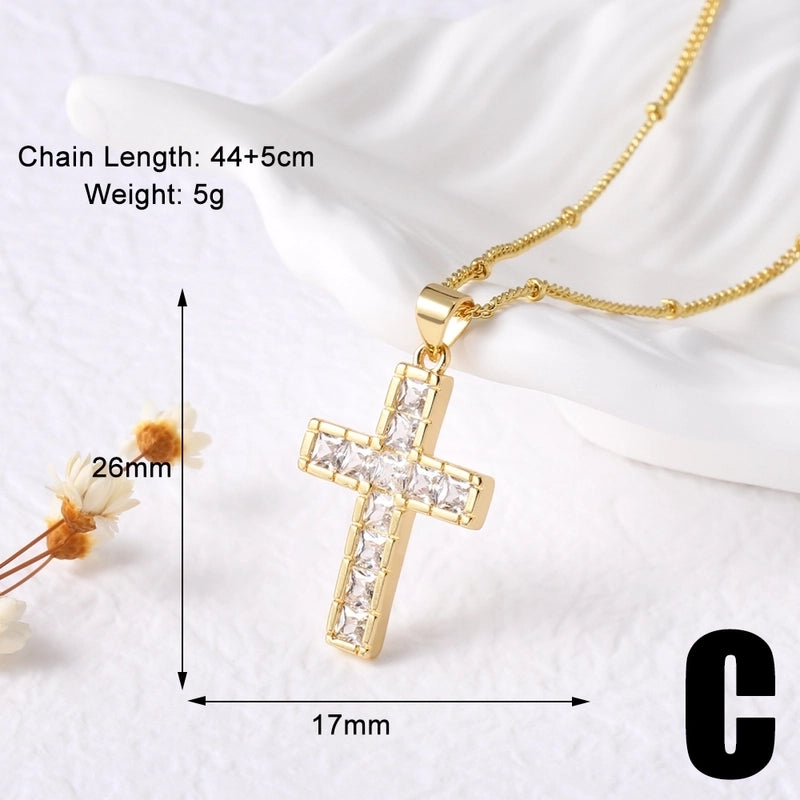 201 Stainless Steel Copper Cable Chain Box Chain 18K Gold Plated Inlay Cross Zircon Pendant Necklace