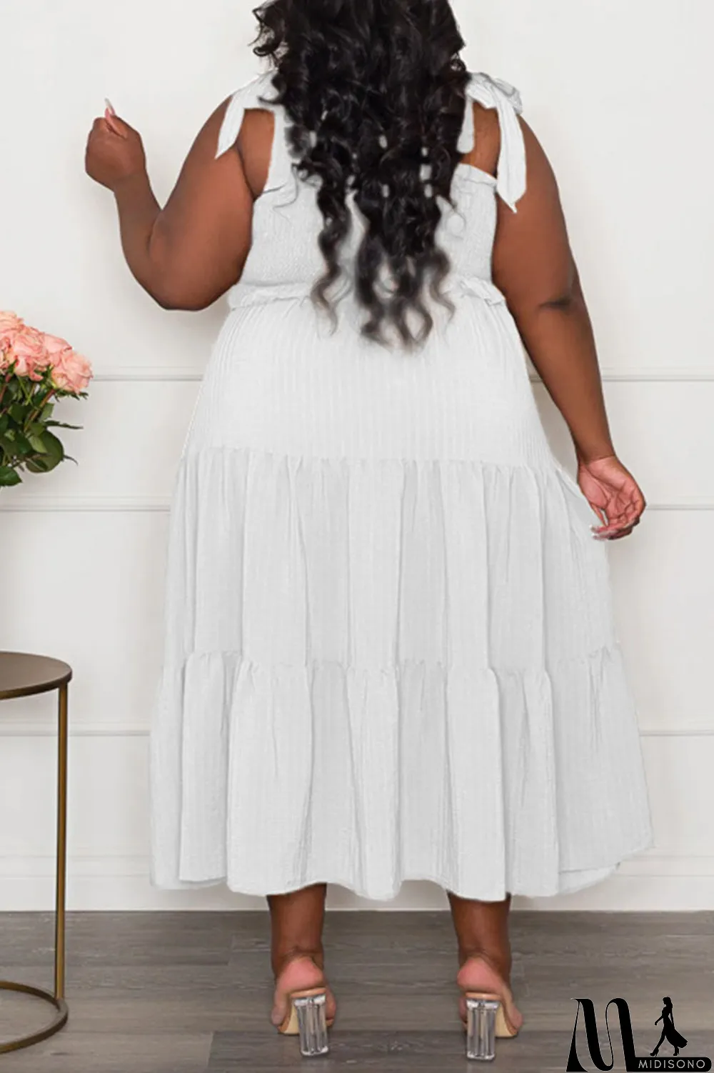 MidiSono - Pink Casual Sweet Solid Bandage Patchwork Fold Spaghetti Strap Sling Dress Plus Size Dresses