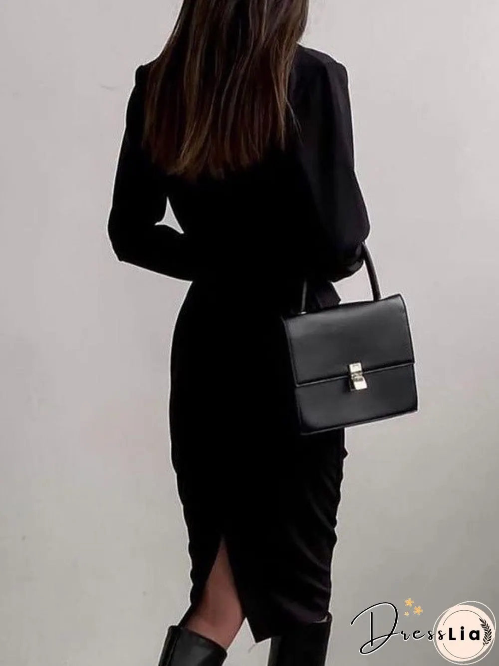 Women'S Dresses Round Neck Long Sleeve Slim Slit Midi Dress