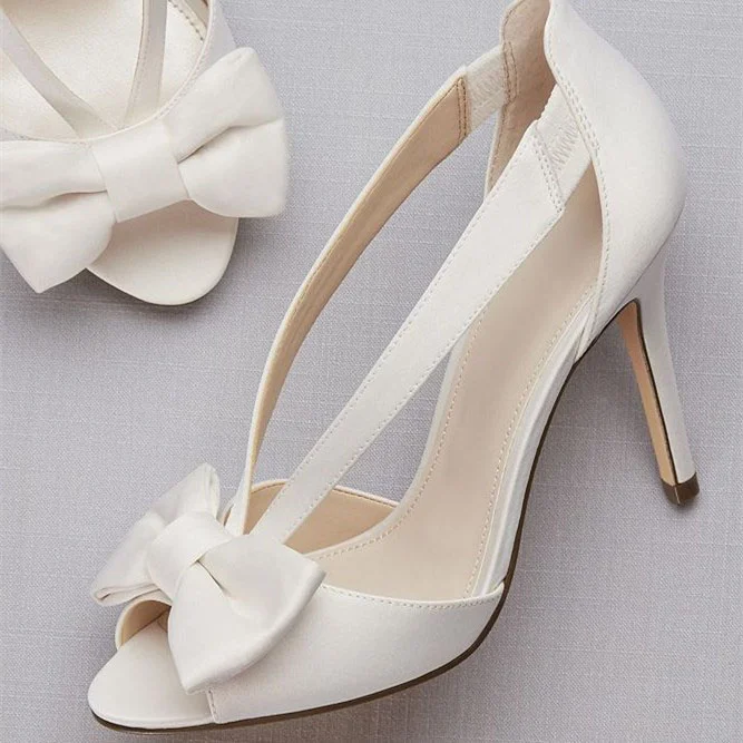 White Satin Bow Stiletto Heels Peep Toe Pumps |FSJ Shoes