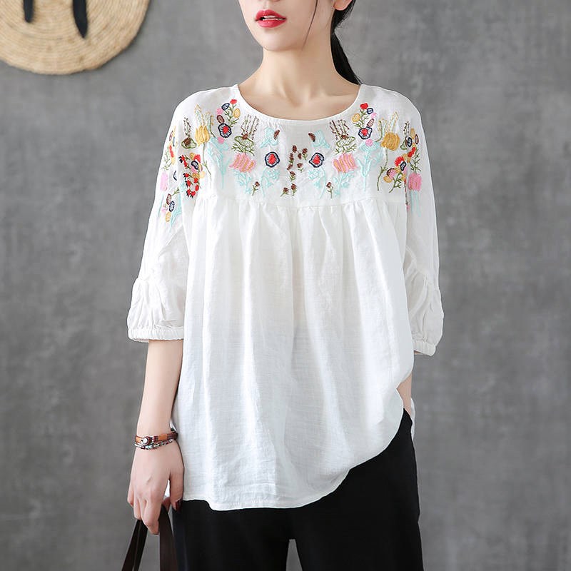 Summer Half Sleeve Embroidery Blouse Women Vintage Tops Casual Ruffles Shirt