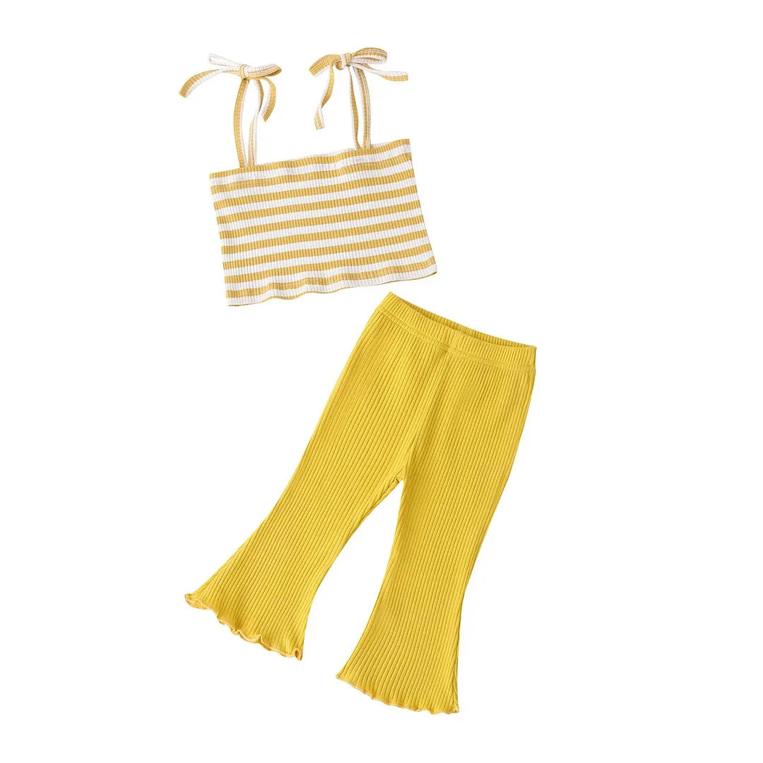 Toddler Baby Stripe Ribbed Two-pieces Set Infant Girls Square Collar Sleeveless Sling Vest Tops + Elastic Flare Long Pants Set
