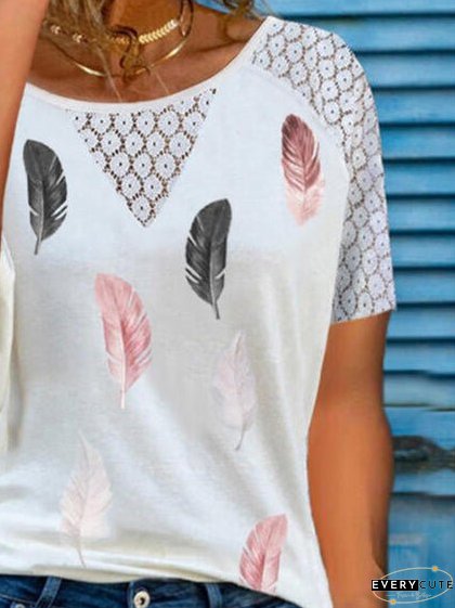 Chic Lace Hollow Feather Print Short Sleeve T-shirt for Women