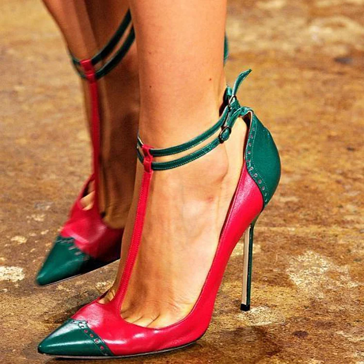 Red and Green Patent Leather Pointy Toe Stiletto Pumps with Ankle Straps Vdcoo