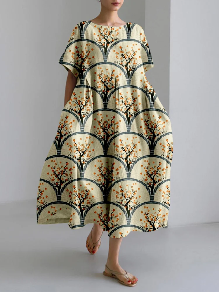 Vintage Plum Blossom Art Linen Blend Maxi Dress