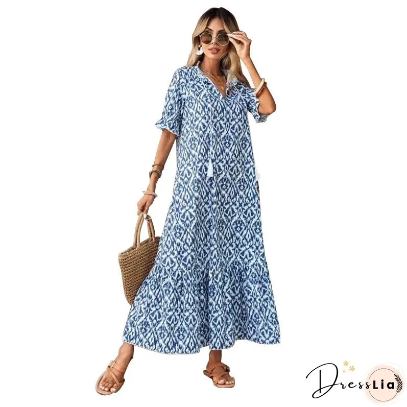 Spring Summer Boho Women Maxi Dress Casual Short Sleeve A-eline Flounce Beach Woman