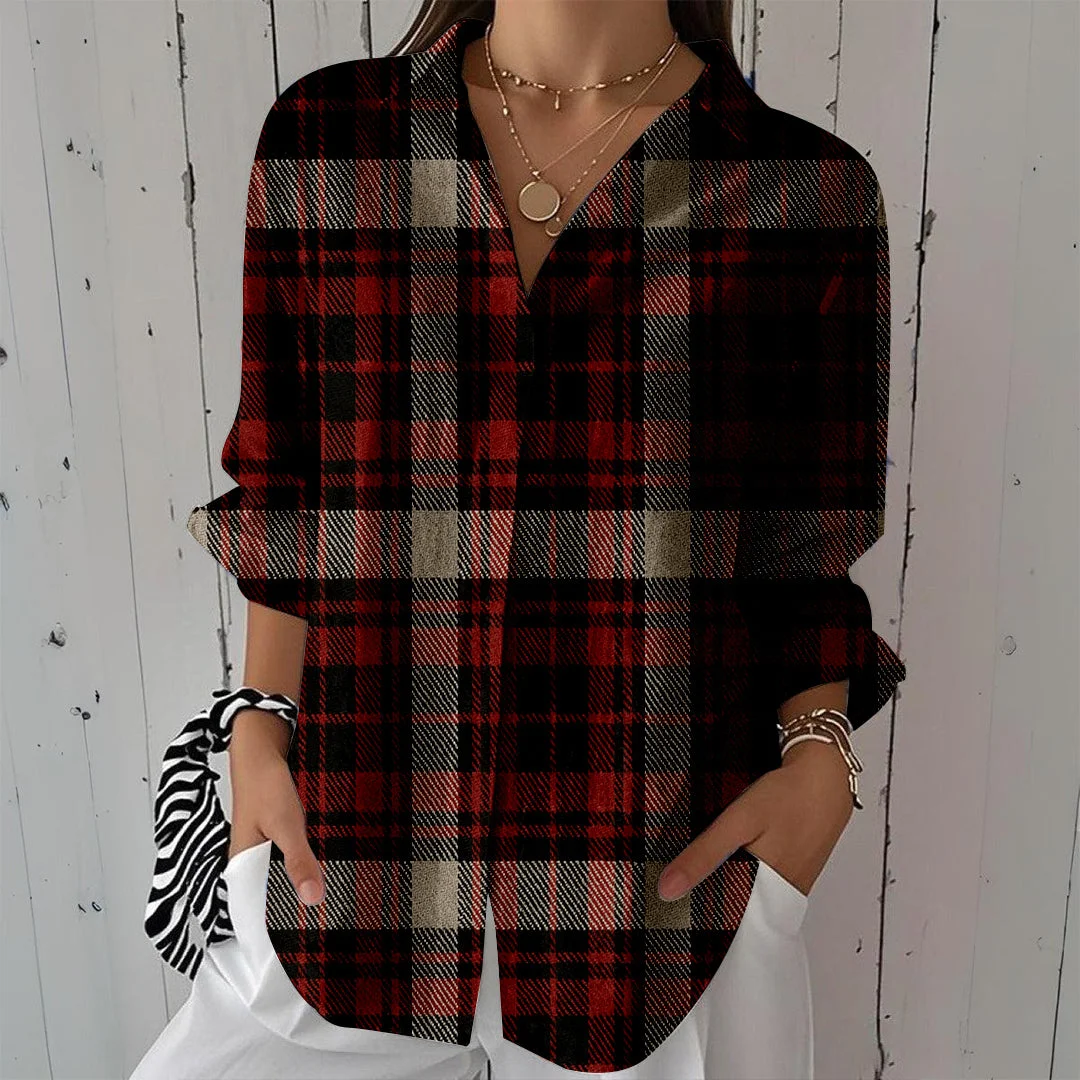 Style & Comfort for Mature Women Women Checkered,Red,Green DZCL0307 3/4 Sleeve Shirt Collar Printed Button Tops