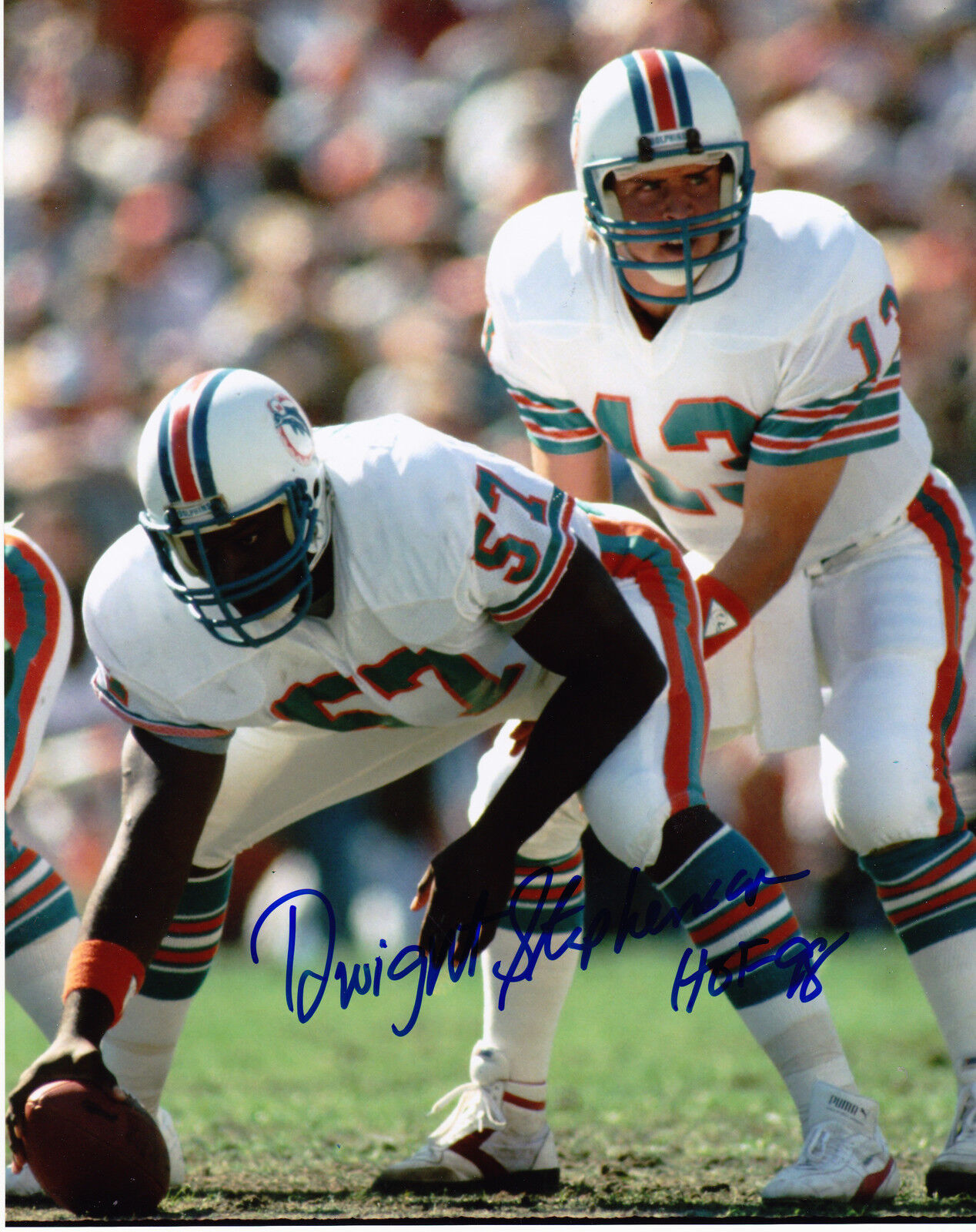 DWIGHT STEPHENSON MIAMI DOLPHINS HOF 98 ACTION SIGNED 8x10