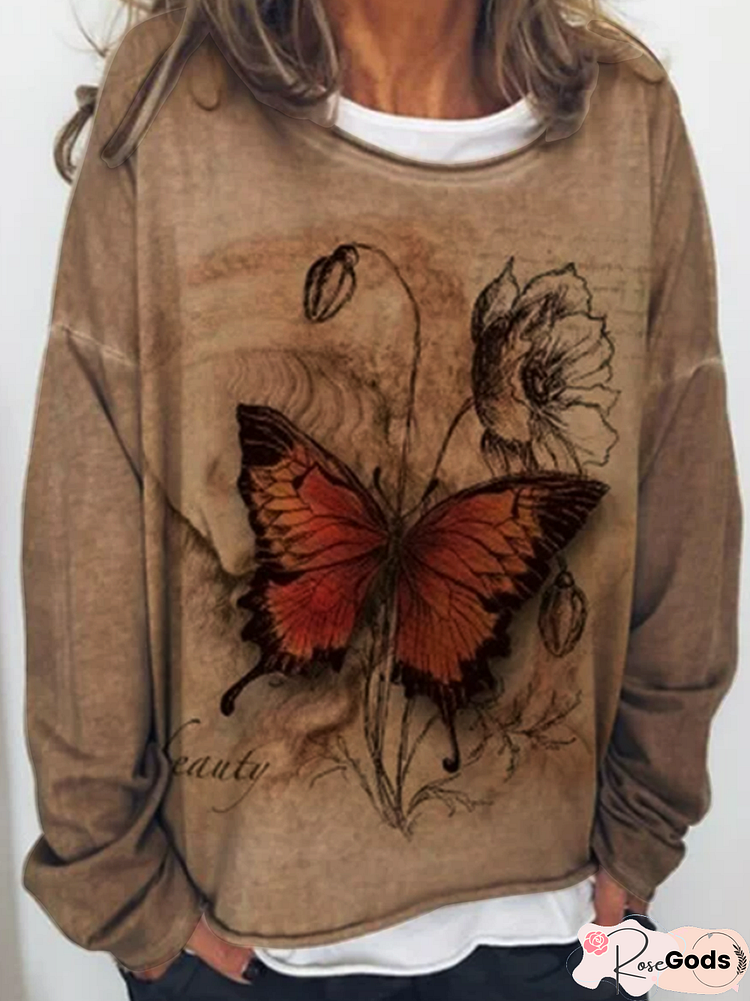 Long Sleeve Round Neck Nostalgic Butterfly Flower Print Casual Loose Top Women's Sweater