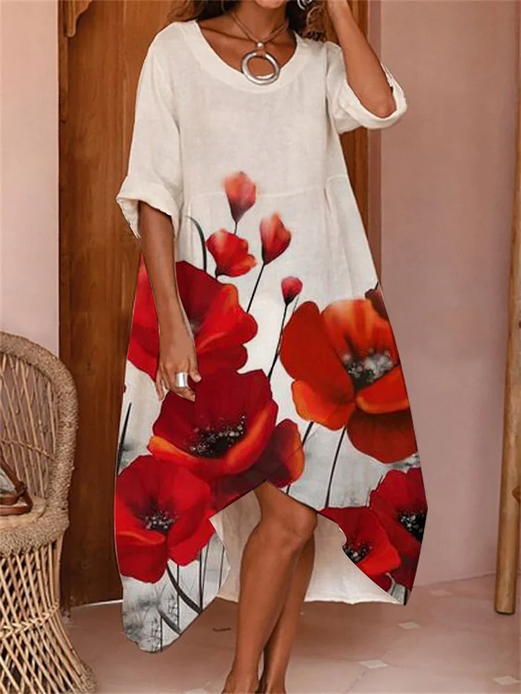 Women's  elegant floral print Loose casual mid-length  dress