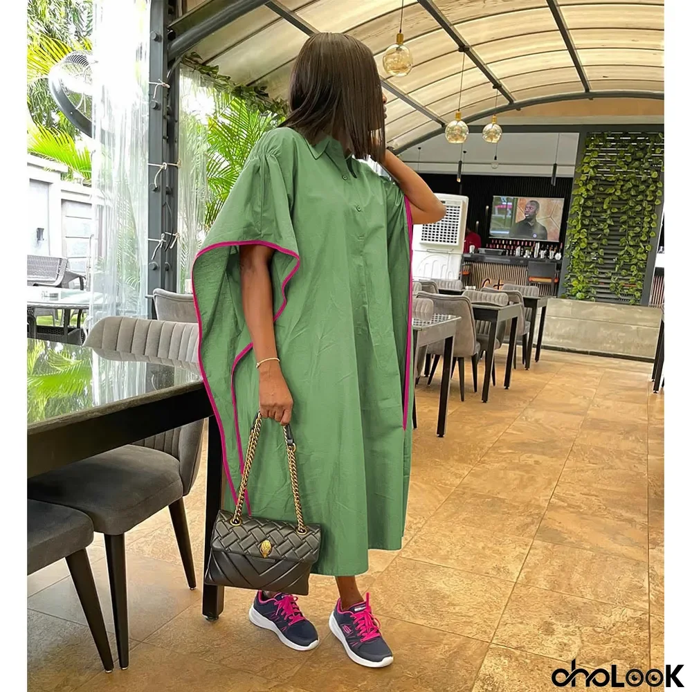 Women'S Turndown Collar Batwing Sleeve Loose Shirt Dress