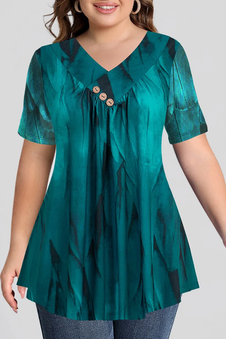 Flycurvy Plus Size Casual Green Feather Print Pleated Decorative Button Blouse  Flycurvy [product_label]