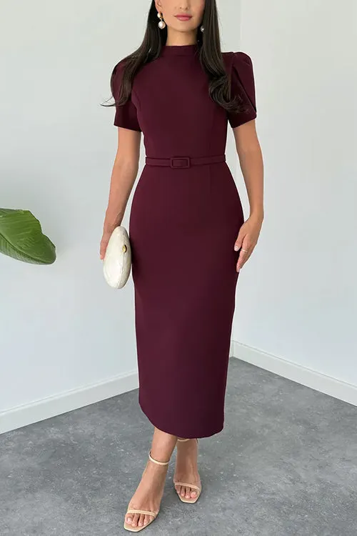 Mockneck Puff Short Sleeves Back Slit Midi Dress