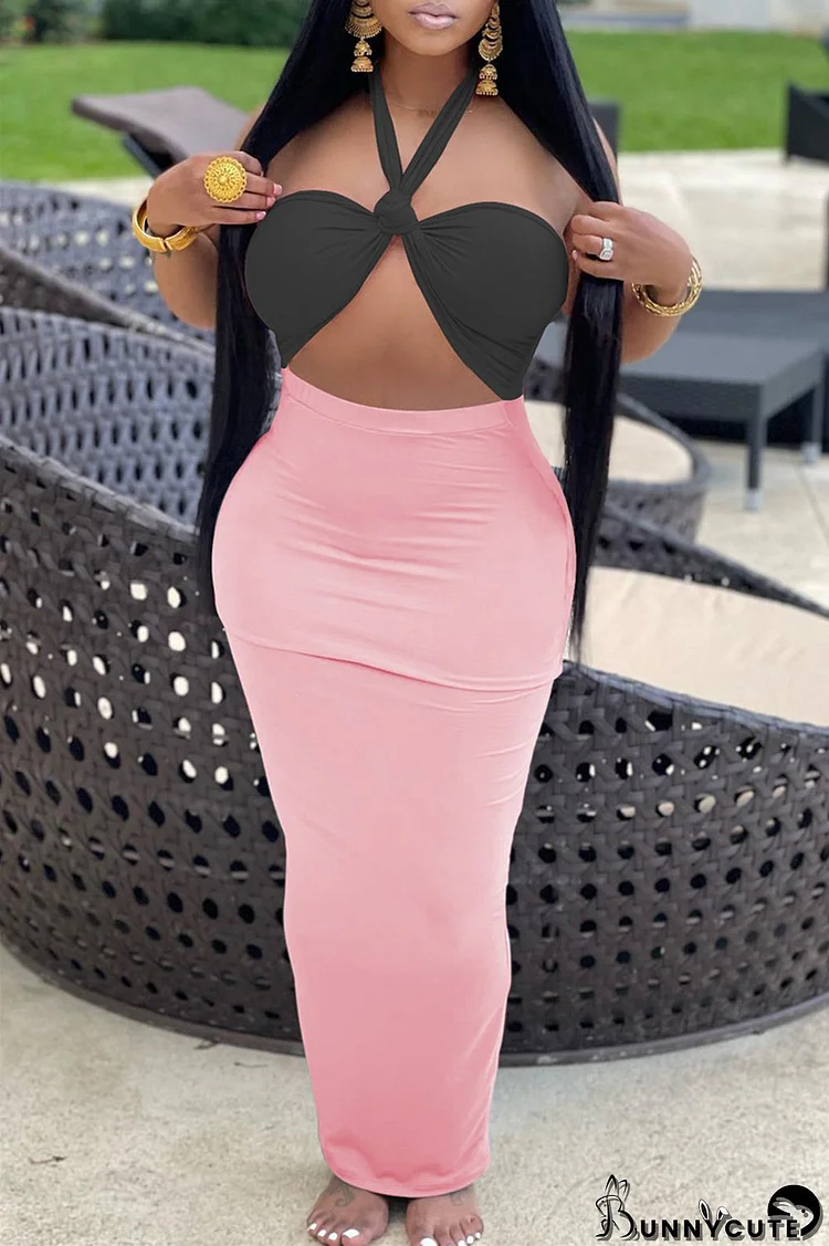 Pink Sexy Casual Patchwork Solid Hollowed Out Backless Halter Strapless Dress