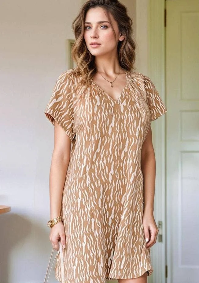 Abstract Print V Neck Short Sleeve Shift T Shirt Dress