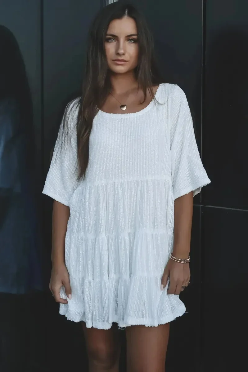 Women's Shining Sexy Sequins Round Neck Loose-Fit Waist Mid-Sleeve Dress