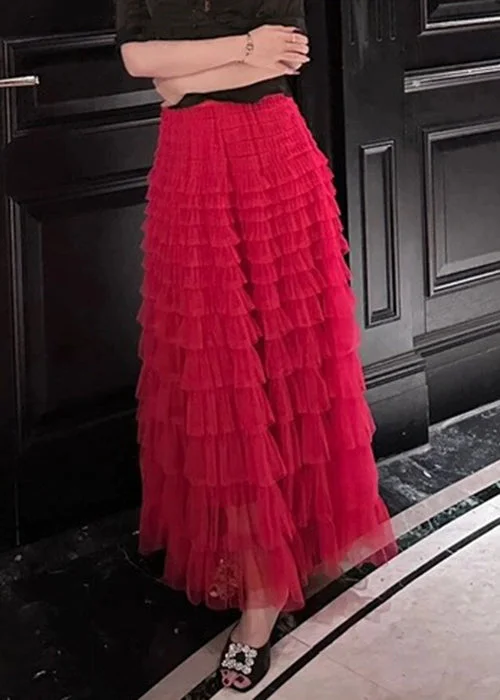 Loose Red Wrinkled Elastic Waist Tulle Skirts Summer