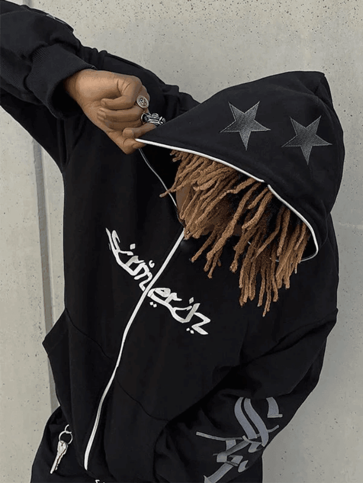 Brownm Men's Punk Star Embroidery Zip-Up Hoodie