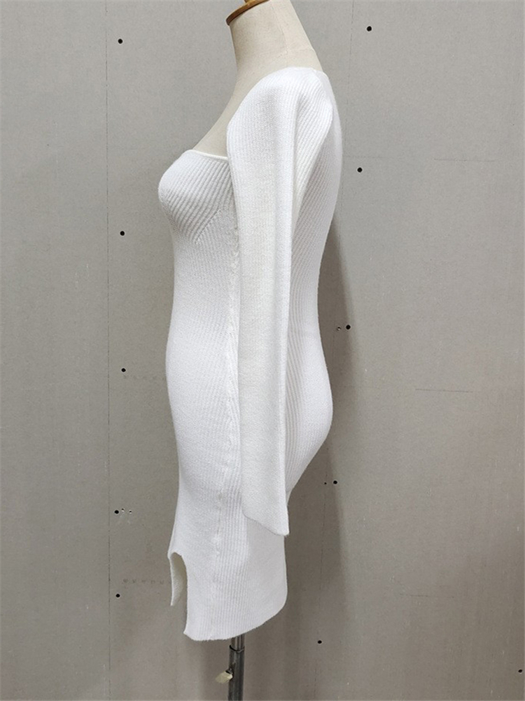 Ootddress Knit White Dress For Women Casual Long Sleeve Sweater Dress Female Slim Bodycon V-Neck Mini Dresses Spring 2025