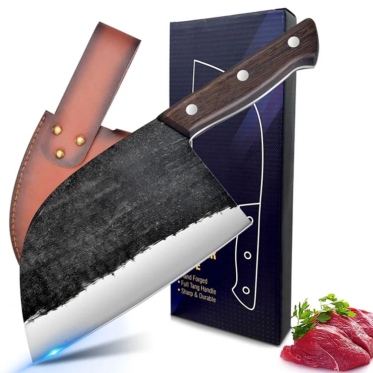 Handmade Kitchen Cleaver 6.7 Inch Full Tang Serbian Chef Butcher Knife with Leather Sheath and Gift Box