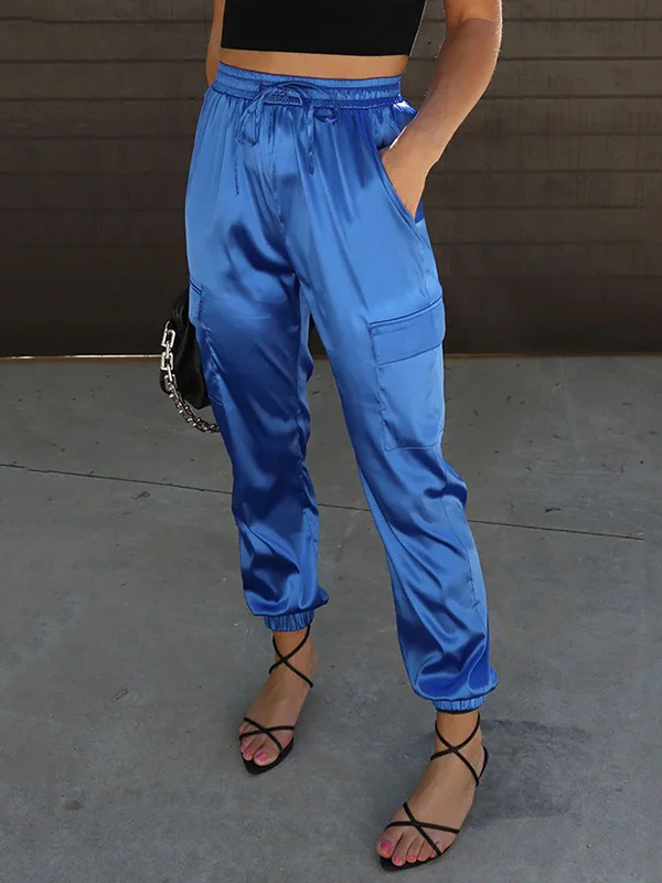 Solid Color Pockets Elasticity Drawstring Ankle-Tied Trousers Pants