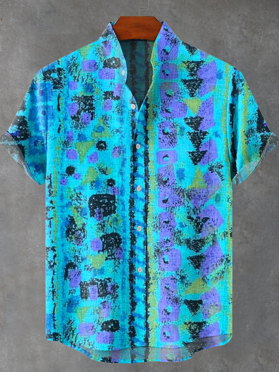 Vintage Abstract Diamond Geometric Stripes Painting Art Print Casual 100% Cotton Shirt