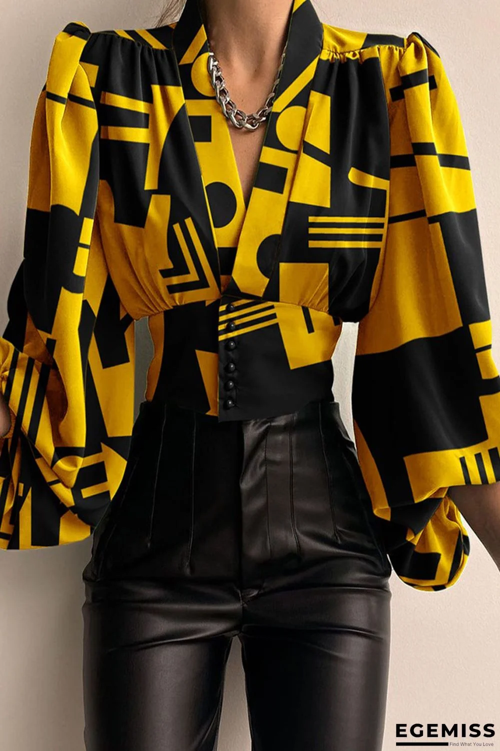 Yellow Casual Print Patchwork V Neck Tops | EGEMISS