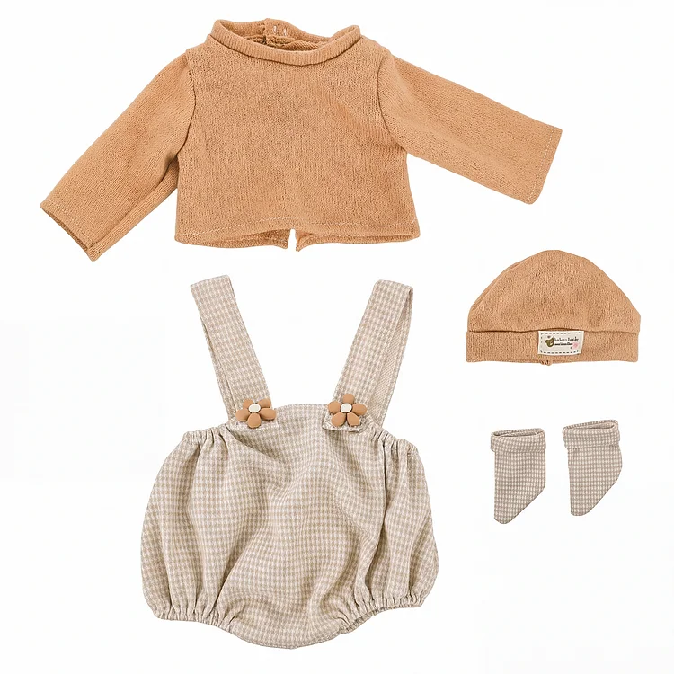 For 16"-18" Full Body Silicone Baby Doll Beige Houndstooth Suspenders 4-pcs Set Accessories