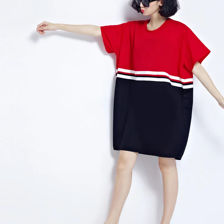 fine red patchwork cotton shift dresses plus size holiday dresses fine loose waist short sleeve natural cotton dress