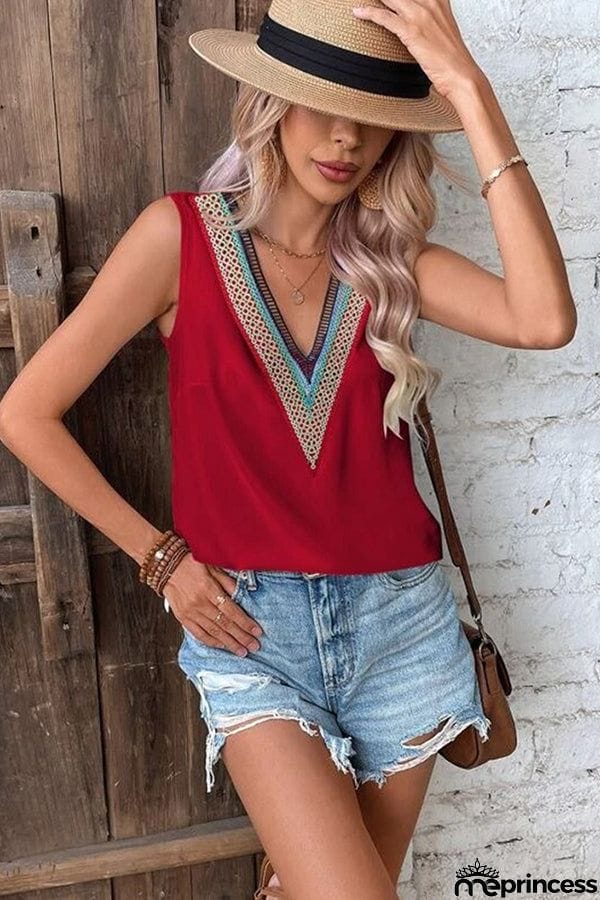 V-neck lace casual solid color shirt