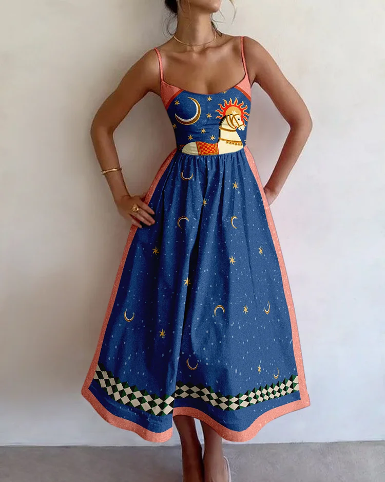 Starry sky fantasy white horse print suspender dress