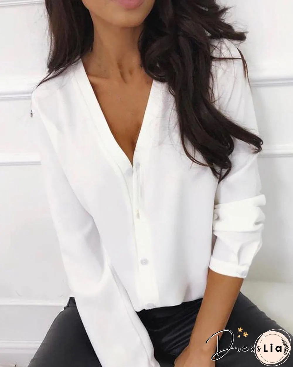 V Neck Chiffon Button Up Blouse P16120