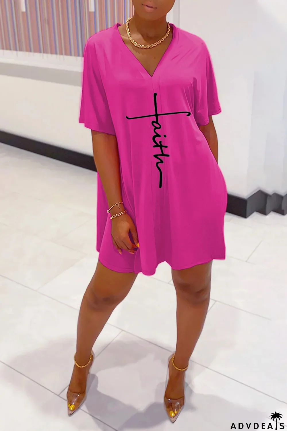 Tangerine Red Casual Print Split Joint V Neck Short Sleeve Two Pieces